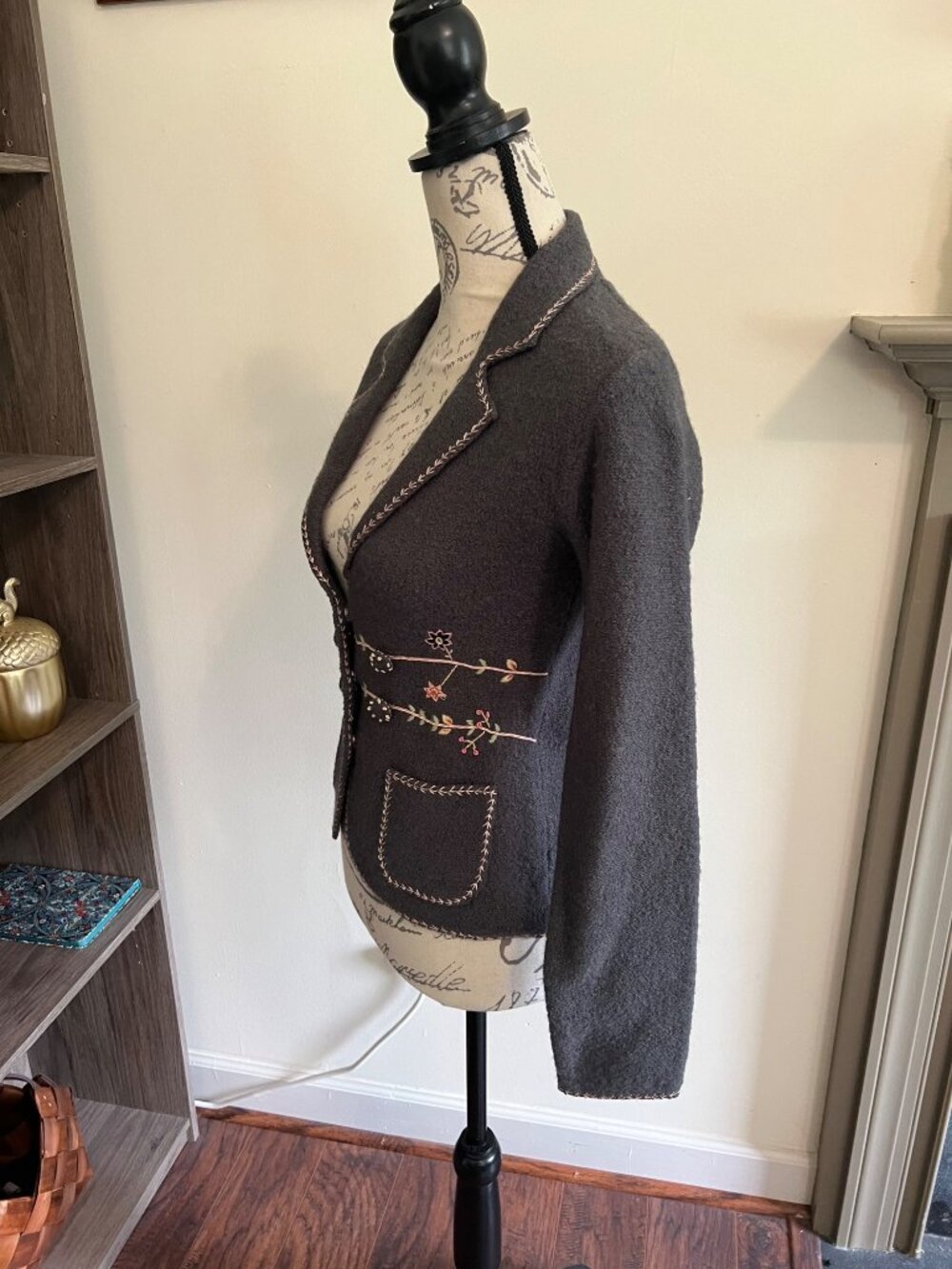 Lucidity Wool Blazer Grey Floral Embroidered Snap Button Pockets Boho Fairy S - Picture 4 of 11